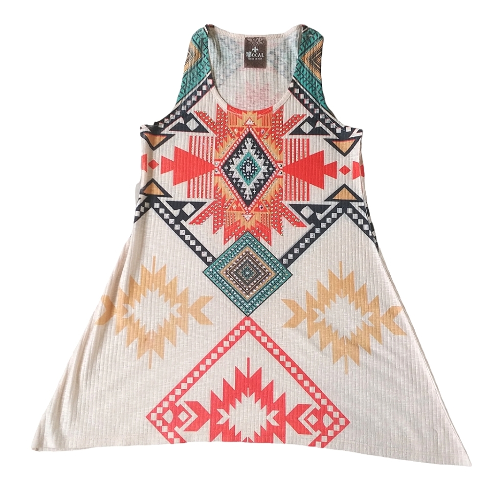 Vocal Southwestern Graphic Rhinestone tunic A line ribbed tank top